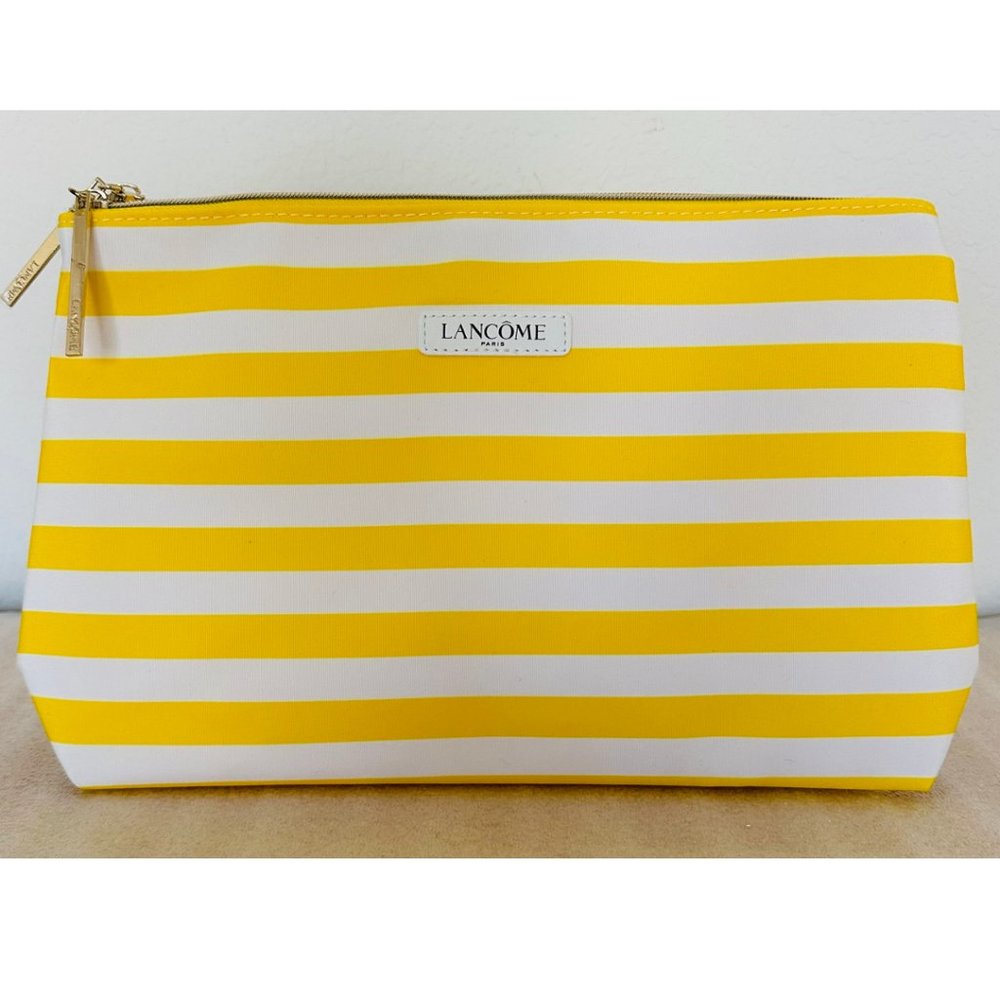 🏖 NEW 🏖 Lancome Yellow White Striped Spacious Cosmetic Bag, Great for Travel